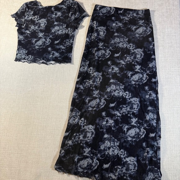 Thirty Thirty 2 Piece Set Mesh Floral Maxi Skirt Crop Top S Black Blue - Picture 2 of 8